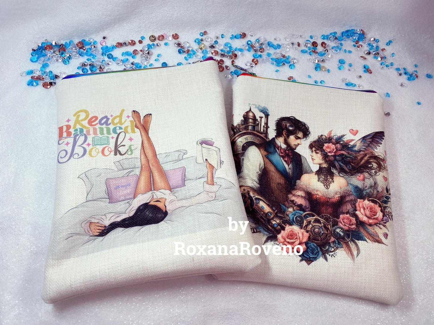handmade book sleeve special created by roxana roveno personalised gift for book lover quote 'read banned books' face and back
