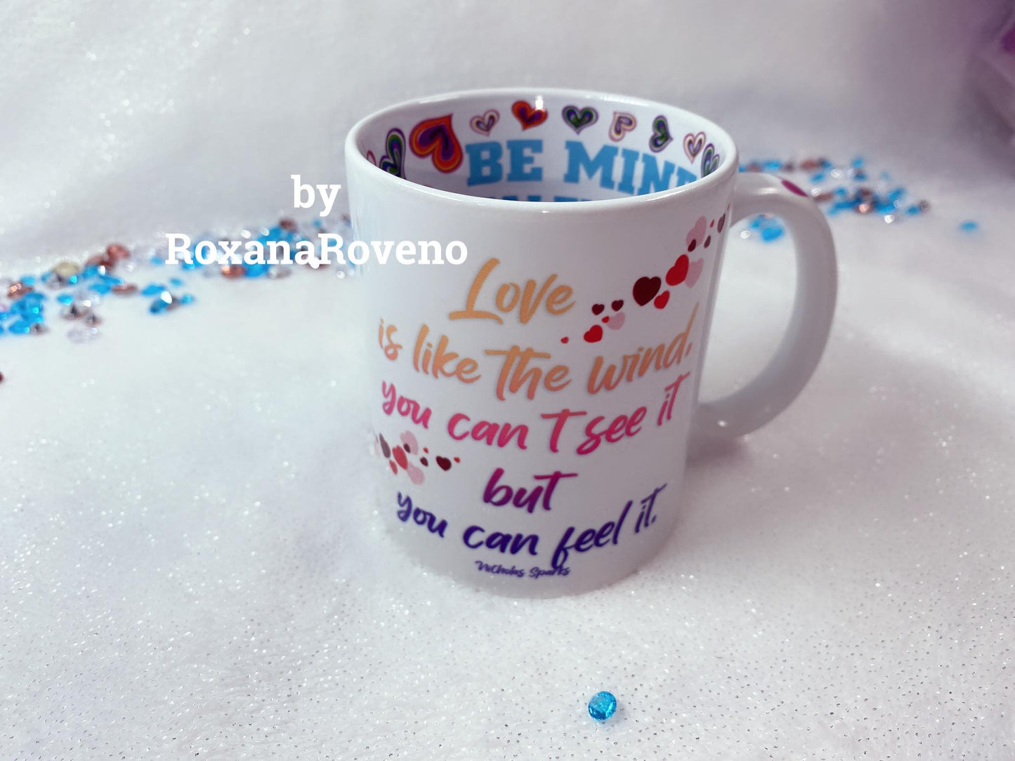 Personalised mugs by Roxana Roveno perfect gift for him and her special gift for Vaentine's Day with love Quote 'love is like the wind you cant see it but you can feel it'