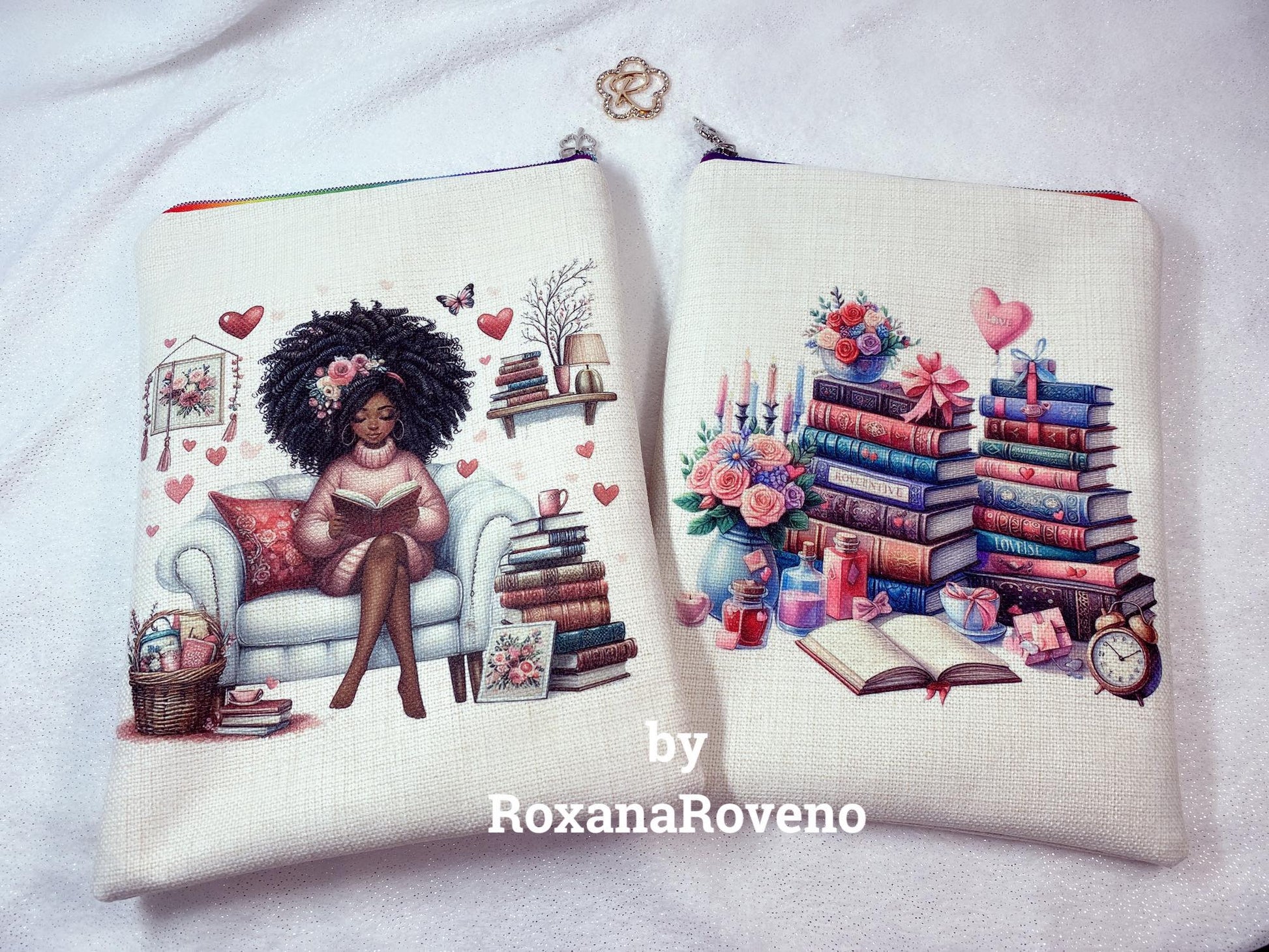 handmade book sleeve with a black beautiful girl reading book personalised gift by Roxana Roveno special gift for Valentine's day for a book lover face and back design 