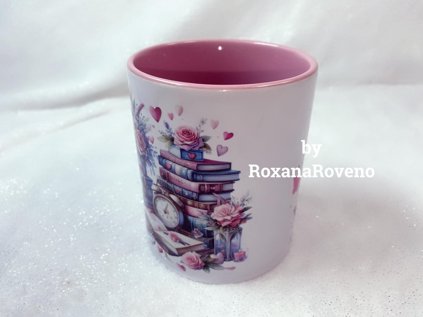 Personalised mugs by Roxana Roveno with stack of books and flowers perfect gift for a book lover and a coffee lover tea lover perfect gift for her perfect for Valentine's day