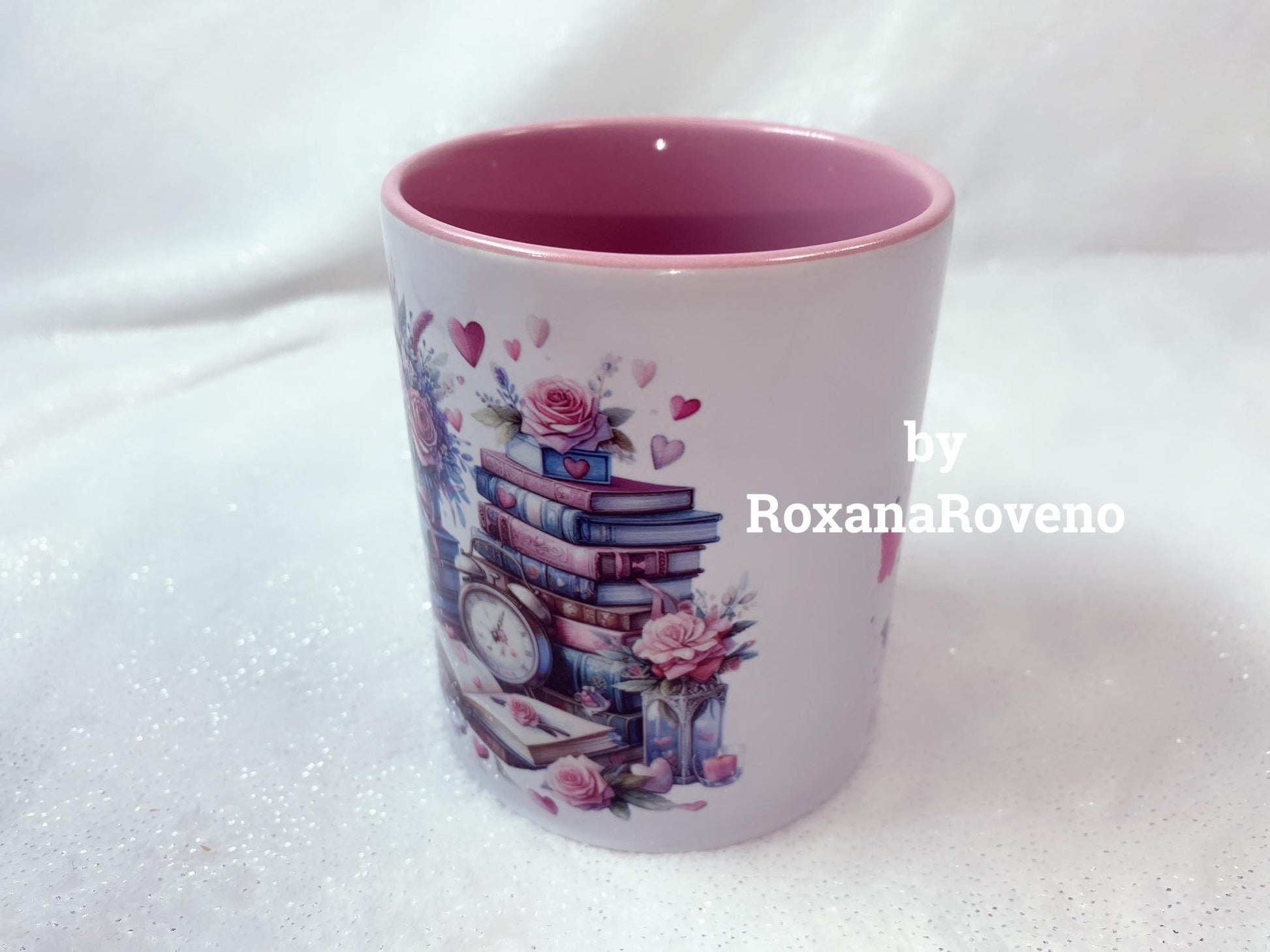 Personalised mugs by Roxana Roveno with stack of books and flowers perfect gift for a book lover and a coffee lover tea lover perfect gift for her perfect for Valentine's day