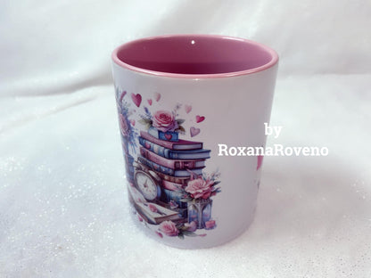 Personalised mugs by Roxana Roveno with stack of books and flowers perfect gift for a book lover and a coffee lover tea lover perfect gift for her perfect for Valentine's day