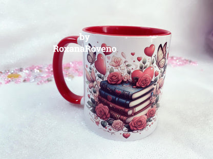 personalised mug by Roxana Roveno special designed with a stack of books with flowers perfect gift for her for a book lover reading special gift for valentines day