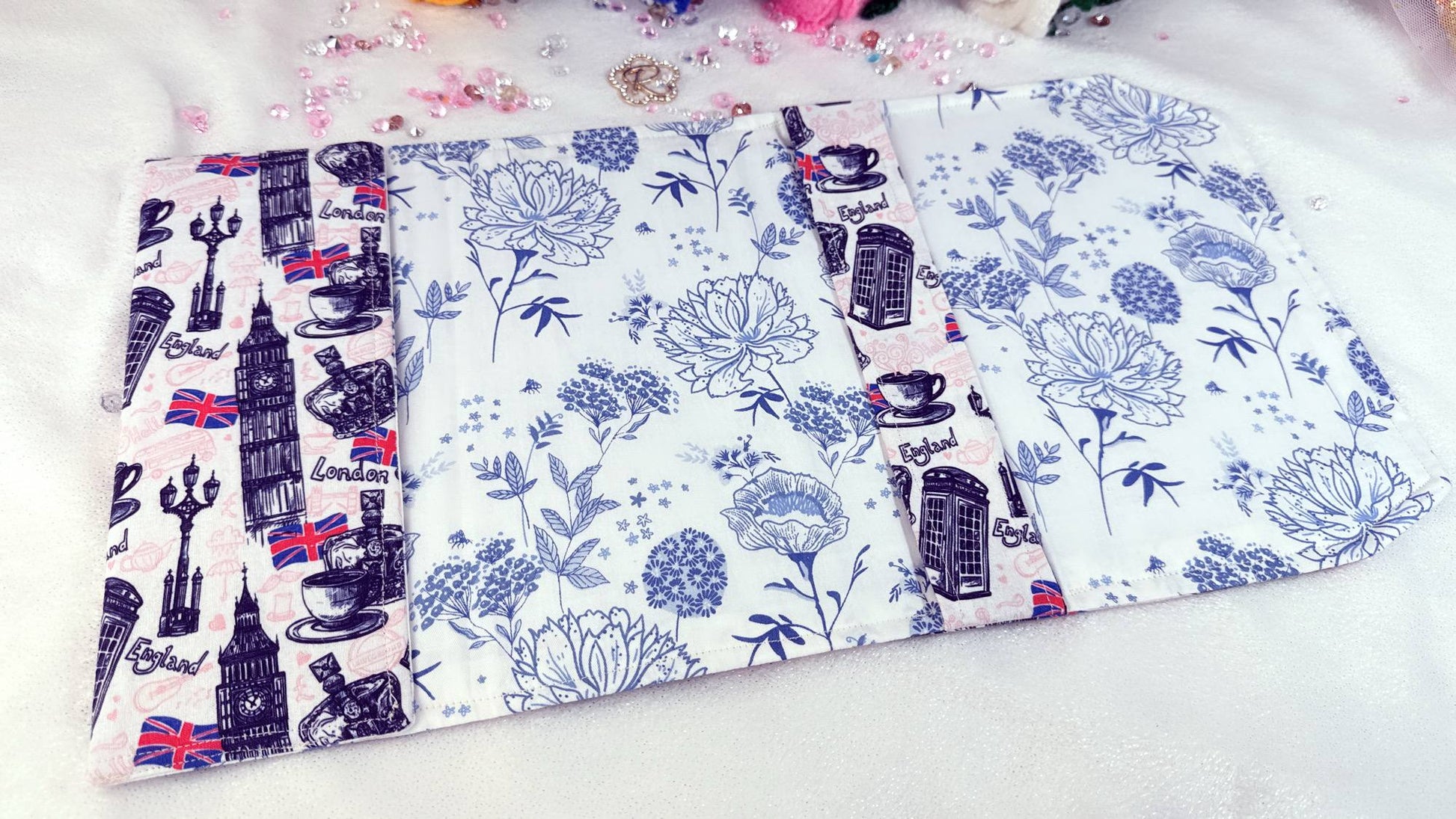high-quality cotton fabrics with vibrant, coordinated designs, each cover features a durable yet flexible padded lining, keeping your book safe from bent corners, scratches or accidental spills while on the go. Crafted by Roxana Roveno, book cover inside 

