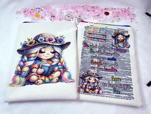 Fabric personalised unique book sleeve handmade crafted and designed by roxana roveno sublimated printed girl reading book quotes about happiness 