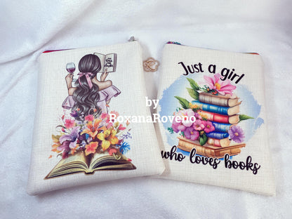 handmade book sleeve designed by Roxana Roveno Woman reading between flowers and stack of books and text 'just a girl who loes books' perfect protection for your book