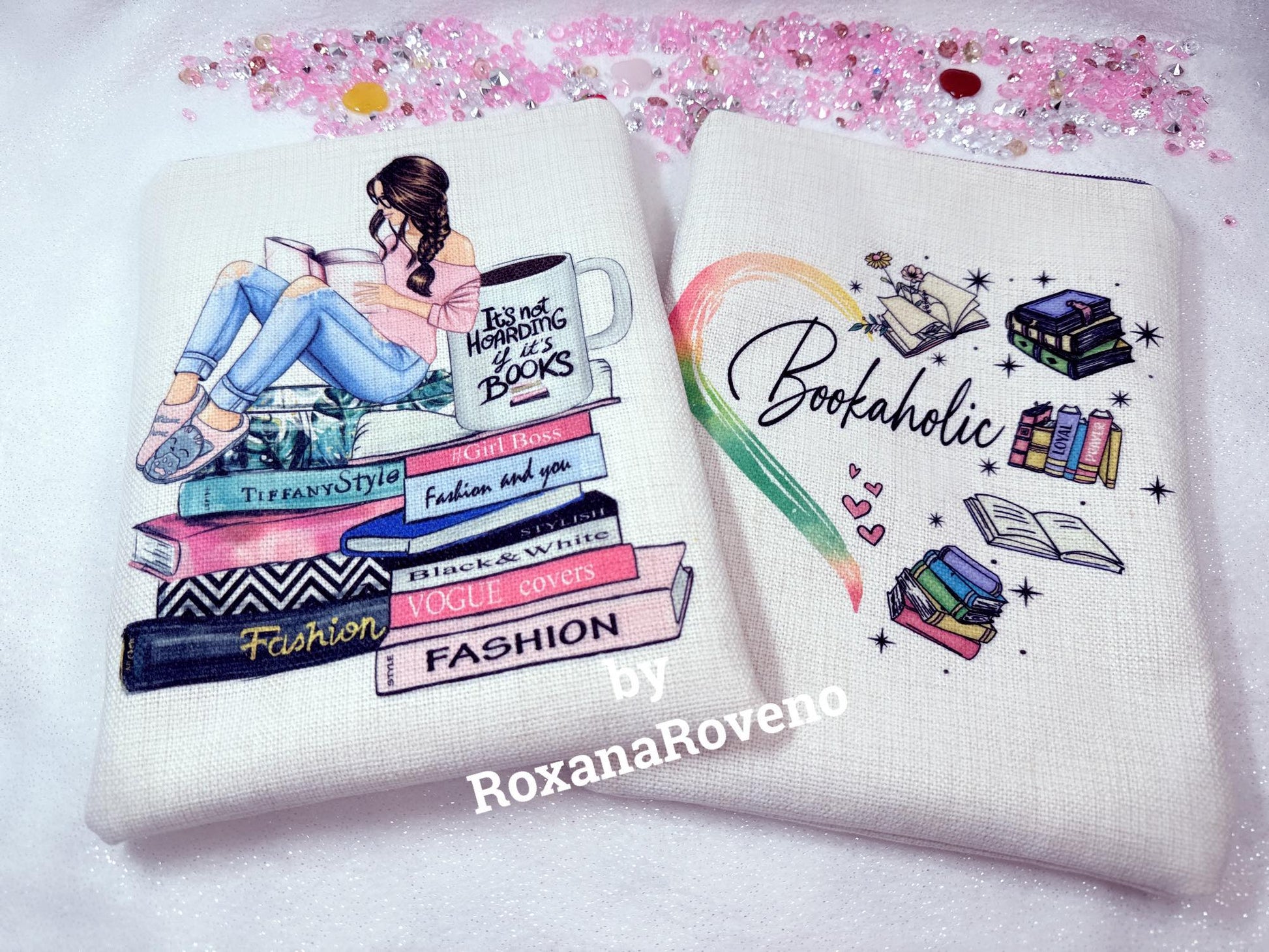 handmade book sleeve personalised by roxana roveno with a girl reading and sitting on a stack of books and a coffee mug other site with 'bookaholic' quote  perfect gift for a book lover 