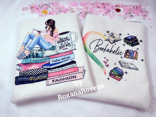 handmade book sleeve personalised by roxana roveno with a girl reading and sitting on a stack of books and a coffee mug other site with 'bookaholic' quote  perfect gift for a book lover 