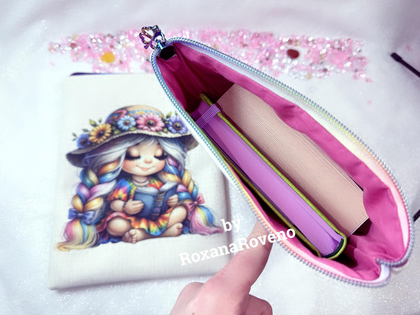 Fabric personalised unique book sleeve handmade crafted and designed by roxana roveno sublimated printed girl reading book quotes about happiness two normal size books fitted inside