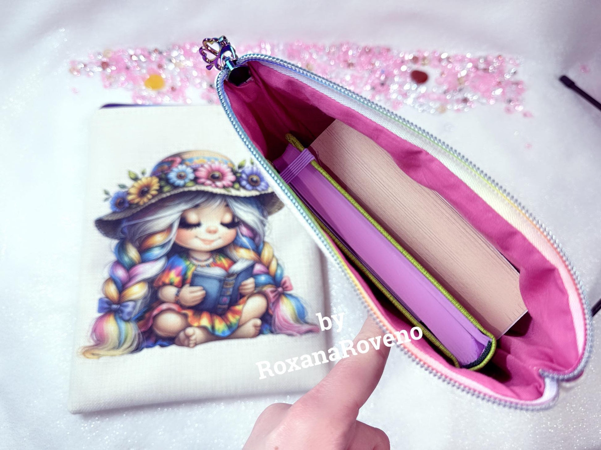 Fabric personalised unique book sleeve handmade crafted and designed by roxana roveno sublimated printed girl reading book quotes about happiness two normal size books fitted inside