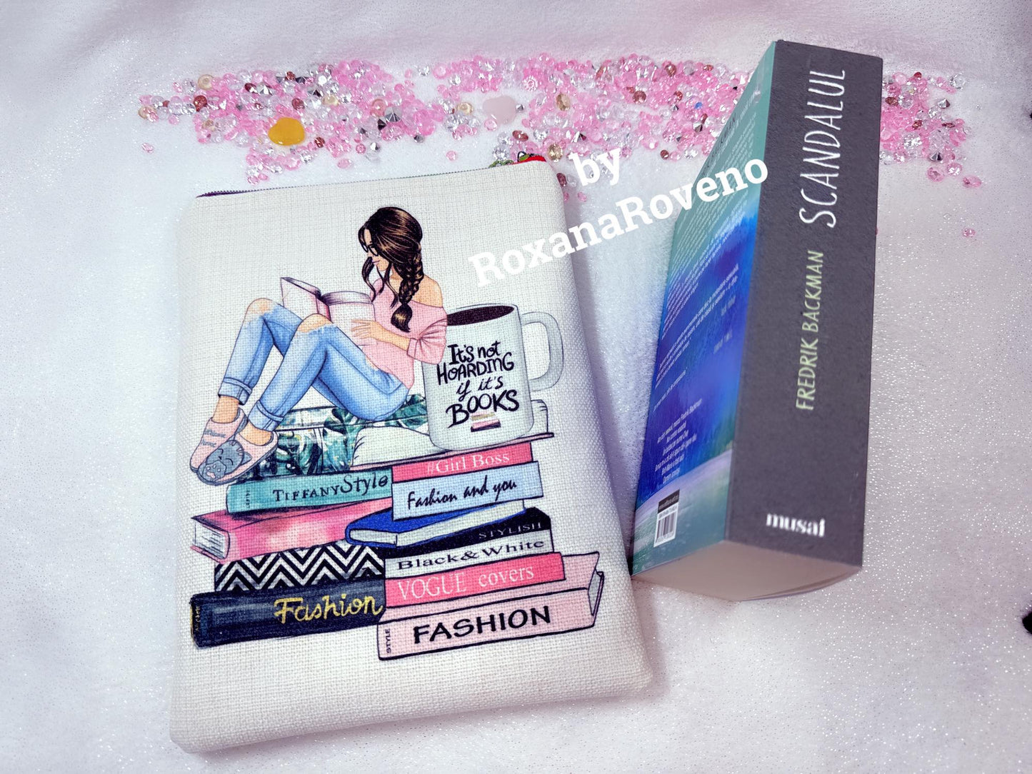 handmade book sleeve personalised by roxana roveno with a girl reading and sitting on a stack of books and a coffee mug other site with 'bookaholic' quote  perfect gift for a book lover fits perfect books like 'scandal' by fredrik backman