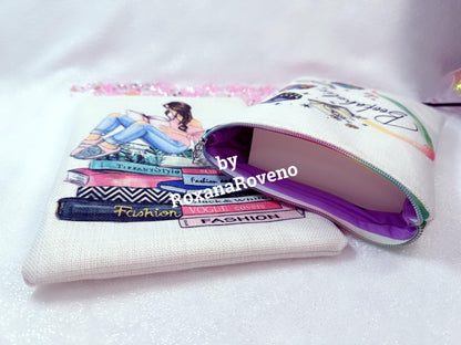 handmade book sleeve personalised by roxana roveno with a girl reading and sitting on a stack of books and a coffee mug other site with 'bookaholic' quote  perfect gift for a book lover other side