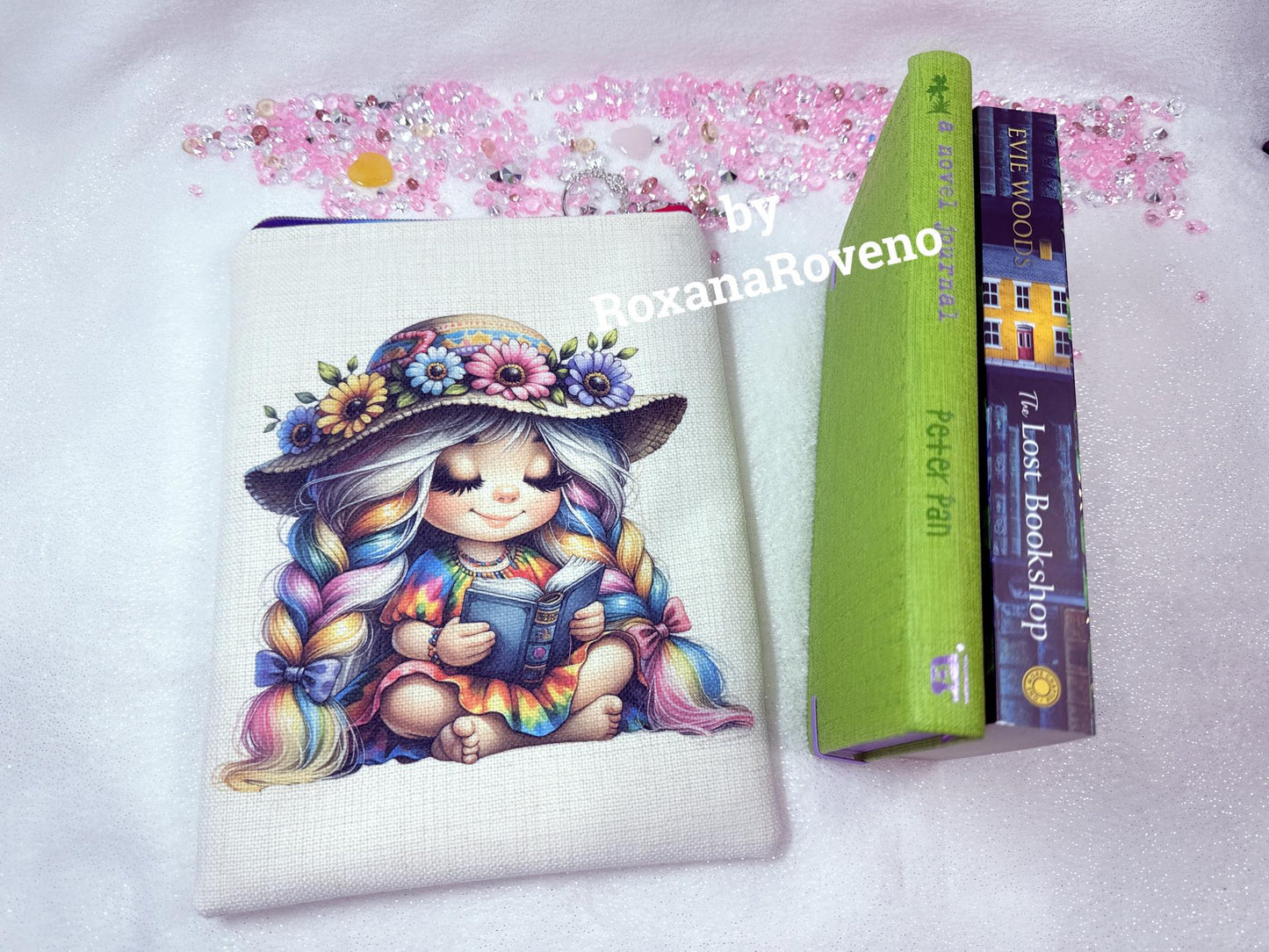 Fabric personalised unique book sleeve handmade crafted and designed by roxana roveno sublimated printed girl reading book quotes about happiness notebook and your travel book safe in your bag