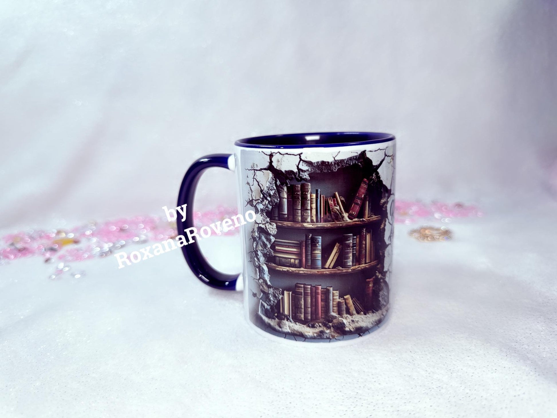Personalised gift Library mug by roxana roveno gifts perfect gift for a book lover perfect mug for reading left side