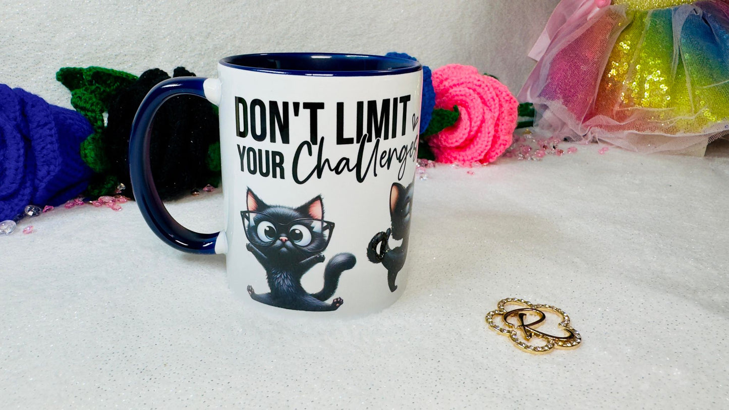 Personalised mugdesigned by roxana roveno with funny black cat and motivational quote perfect gift left side