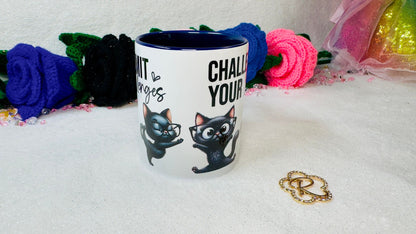 Personalised mugdesigned by roxana roveno with funny black cat and motivational quote perfect gift middle side