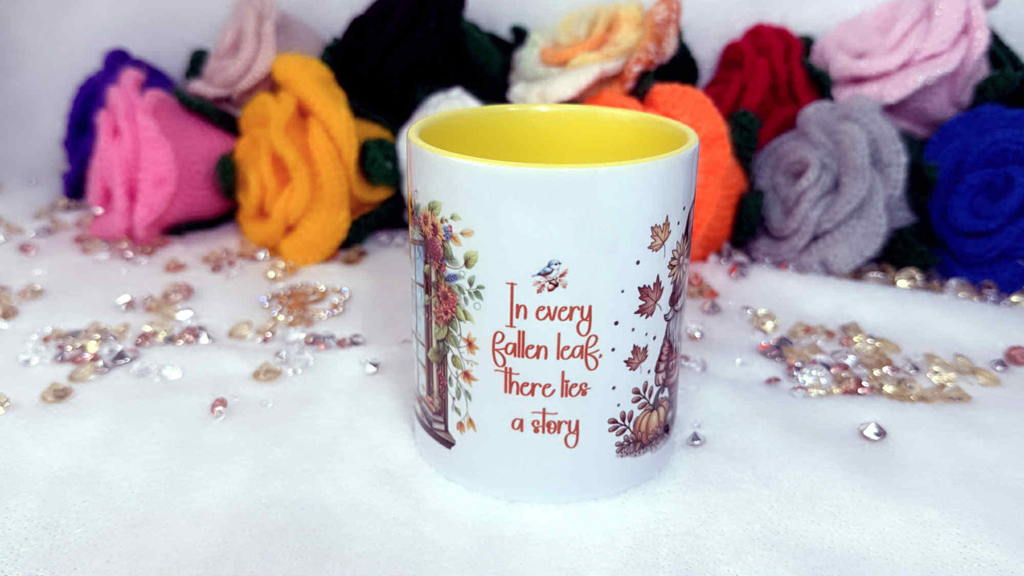 In every fallen leaf, there lies a story - quote mug, personalised gifts by roxana roveno, perfect gift for a book lover, atumn mug