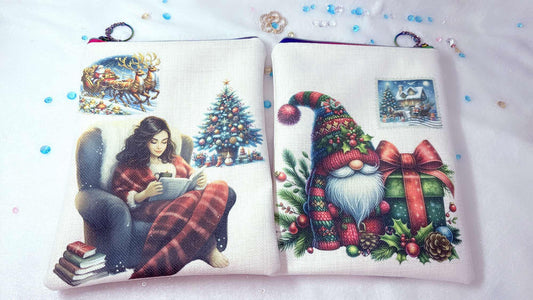 Handmade book sleeve featuring a Christmas theme with a gnome holding a present, displayed open with front and back views.