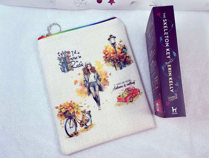 Handmade book sleeve designed by roxana roveno with quote 'I'd rather be reading' autumn car read hair girl walking fitting perfect book like 'the seleton key' perfect gift for a book lover