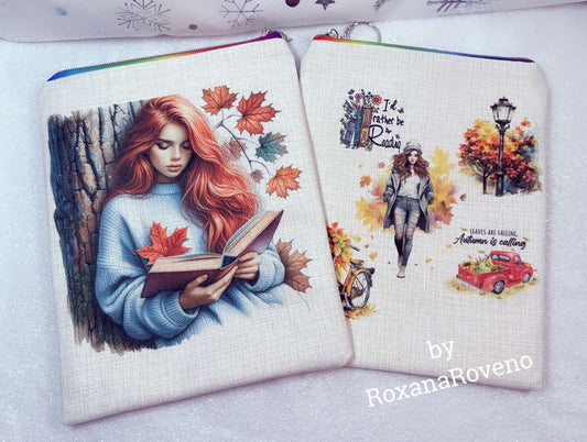 Handmade book sleeve designed by roxana roveno one side with read hair girl reading under a autumn tree other side with quote 'I'd rather be reading' autumn car  
