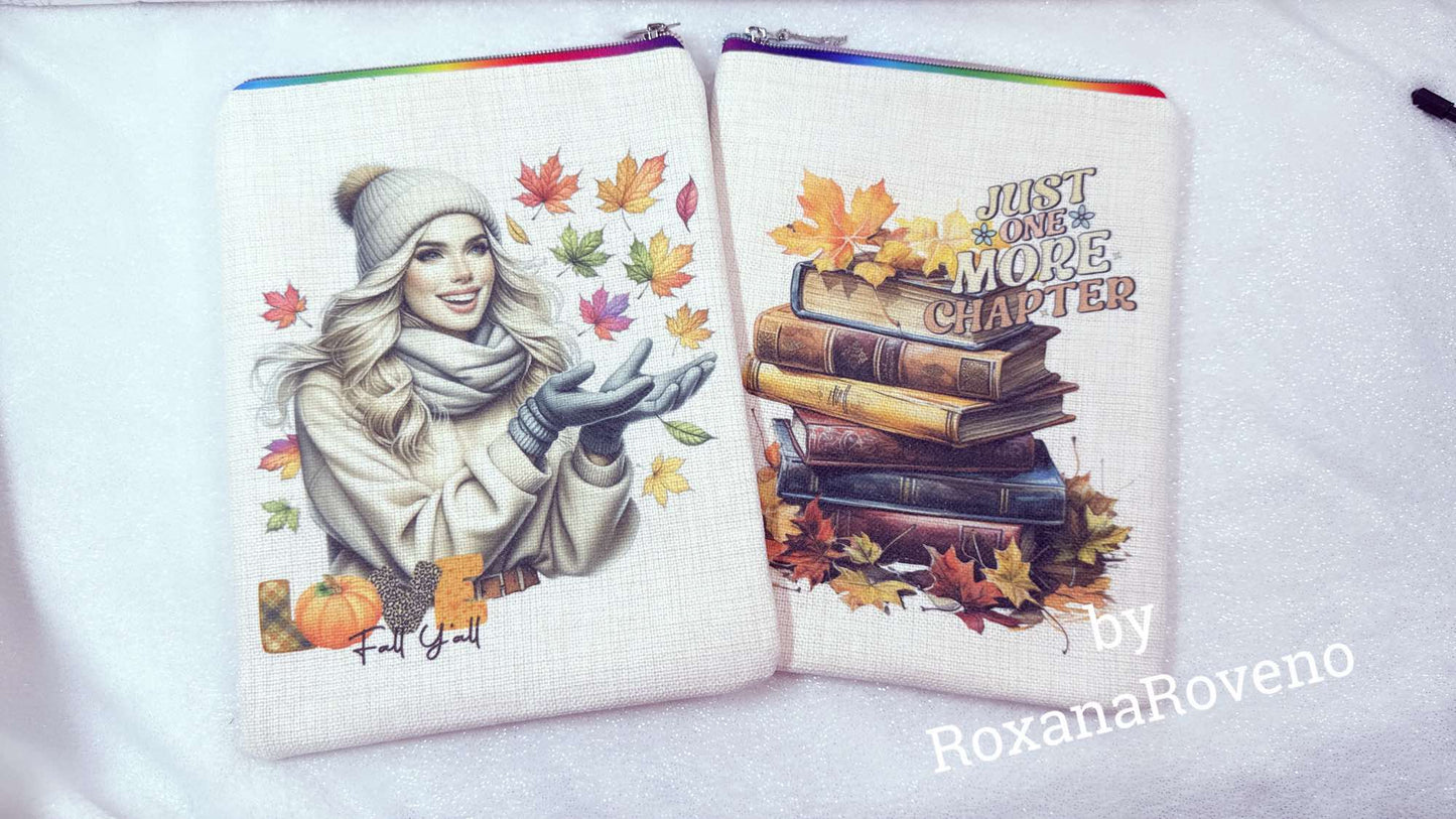 handmade book sleeve designed by oxana roveno in a autumn background with a girl and leaves 'love fall y'all' and a stack of books 'just one more chapter'