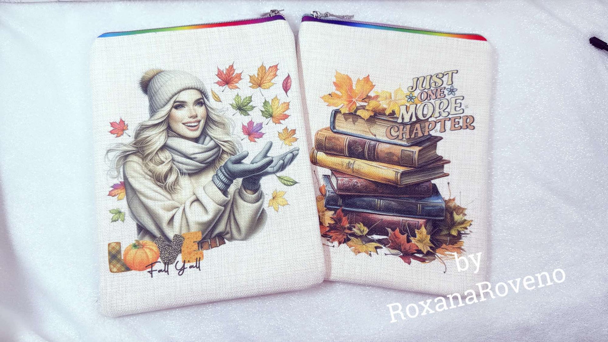 handmade book sleeve designed by oxana roveno in a autumn background with a girl and leaves 'love fall y'all' and a stack of books 'just one more chapter'