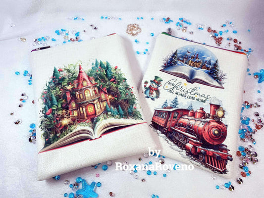 Personalised handmade book sleeve designed by Roxana Roveno perfect for Christmas gift for a book lover with one side open book and a magic castle and other a snowman snow and Christmas tarin