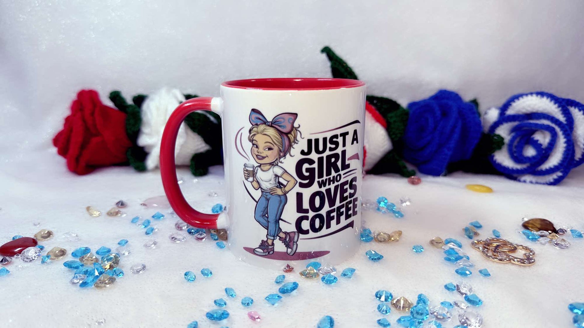 Personalised Gifts by Roxana Roveno designed ith a Blonde beautiful Lady perfect gift for her Coffee lover Funny girl with quote 'just a girl who loves Coffee'