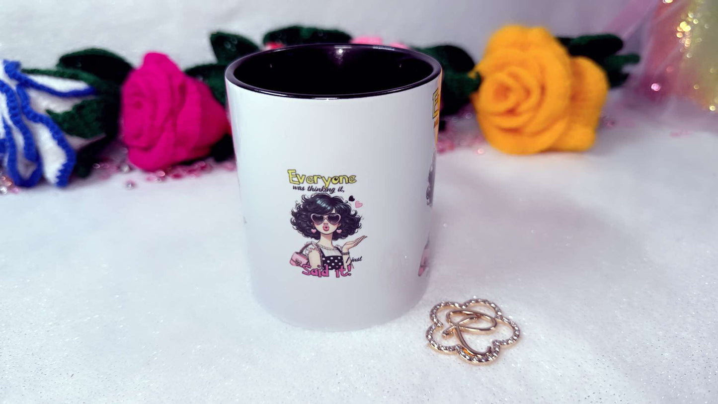 funny beautiful lady personalised coffee mug designed by roxana roveno with funny and sarcastic mug special gift foe her and a coffee or tea lover middle side  black inside 
