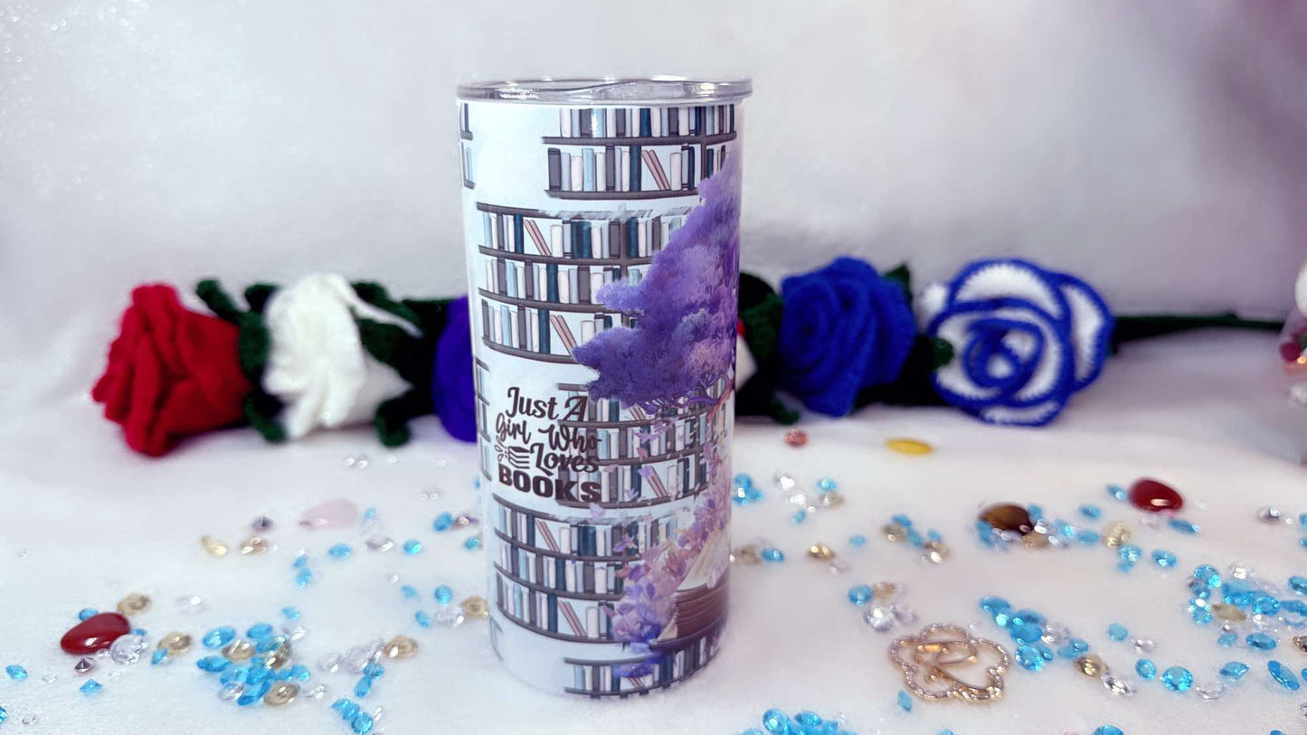 Personalised gift designed by roxana roveno with a read hair girl who reads a book a Stainless Steel tumbler perfect gift for drink and travel and Quotes 'Just a girl who loves books'