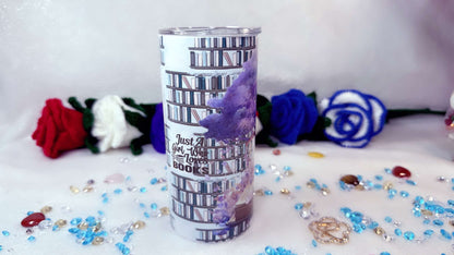 Personalised gift designed by roxana roveno with a read hair girl who reads a book a Stainless Steel tumbler perfect gift for drink and travel and Quotes 'Just a girl who loves books'