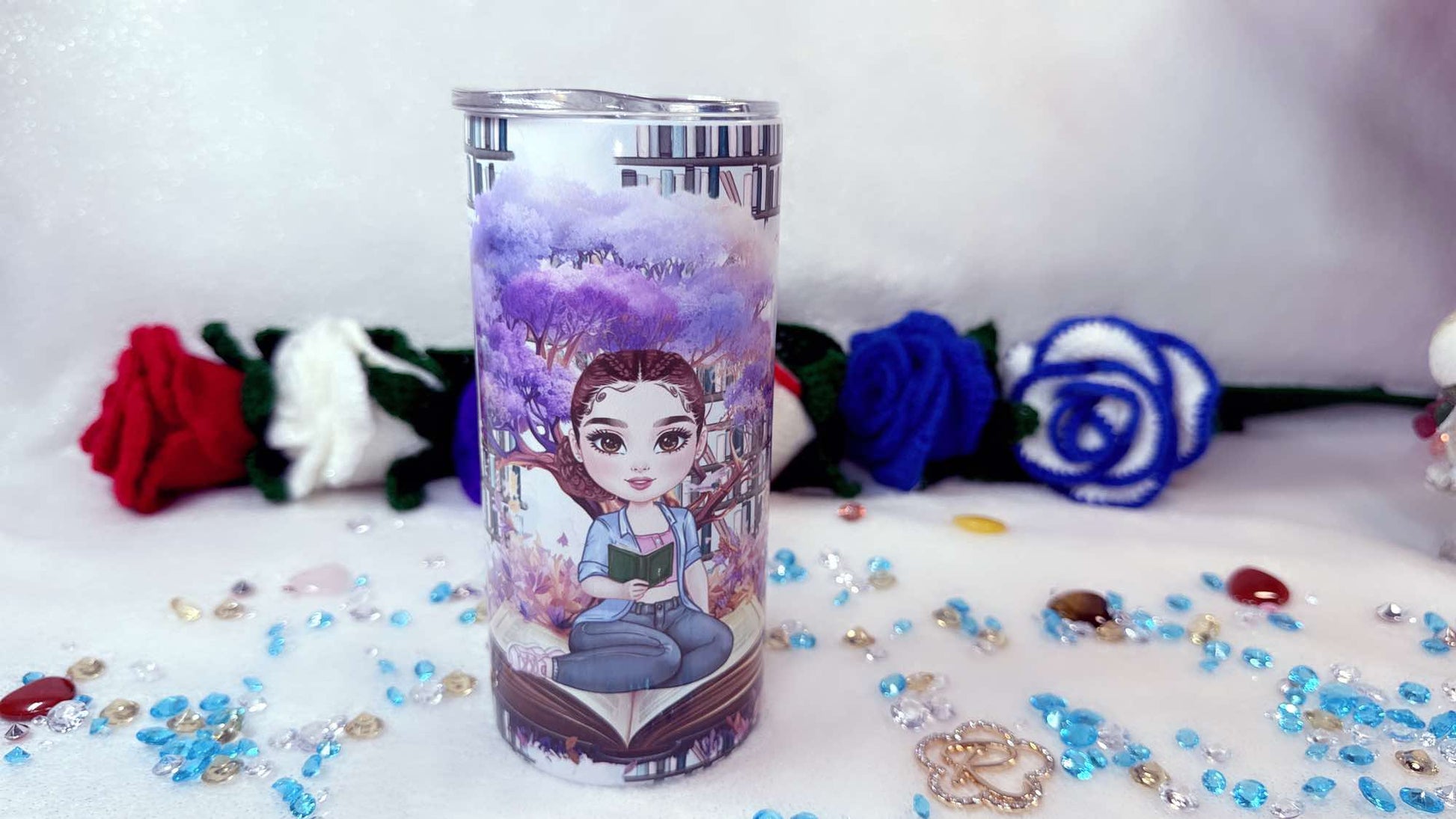 Personalised gift designed by roxana roveno with a read hair girl who reads a book a Stainless Steel tumbler perfect gift for drink and travel