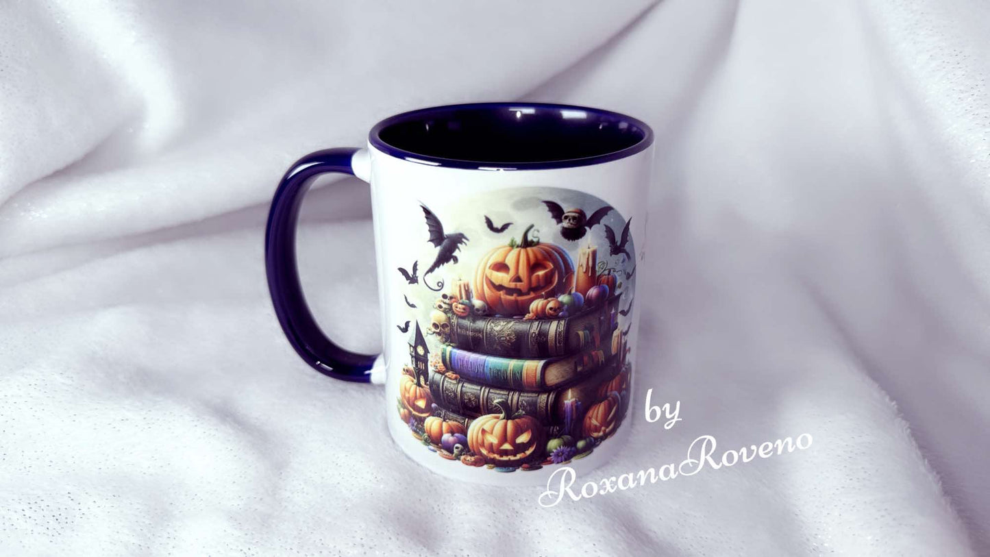 Personalised mug designed by roxana roveno beautiful witch special gift for Halloween and book lover stack of scarry books
