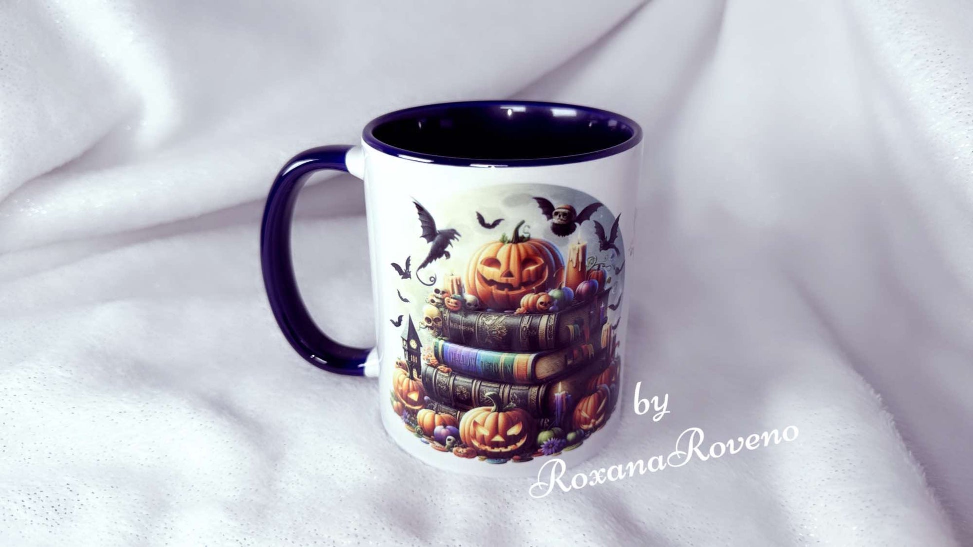 Personalised mug designed by roxana roveno beautiful witch special gift for Halloween and book lover stack of scarry books