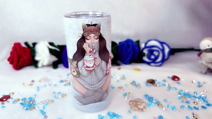 Cosy Winter Girl drinking coffee personalised tumbler by Roxana Ropveno perfect gift for girl