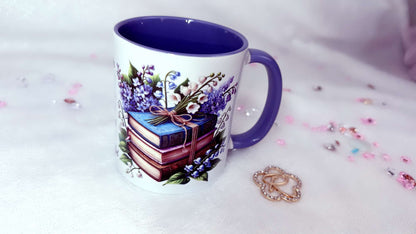 Personalised Mug by Roxana Roveno with Spring flower Perfect gift for Mother's Day Woman's Day Book lover with a stack of classic books with spring flowers