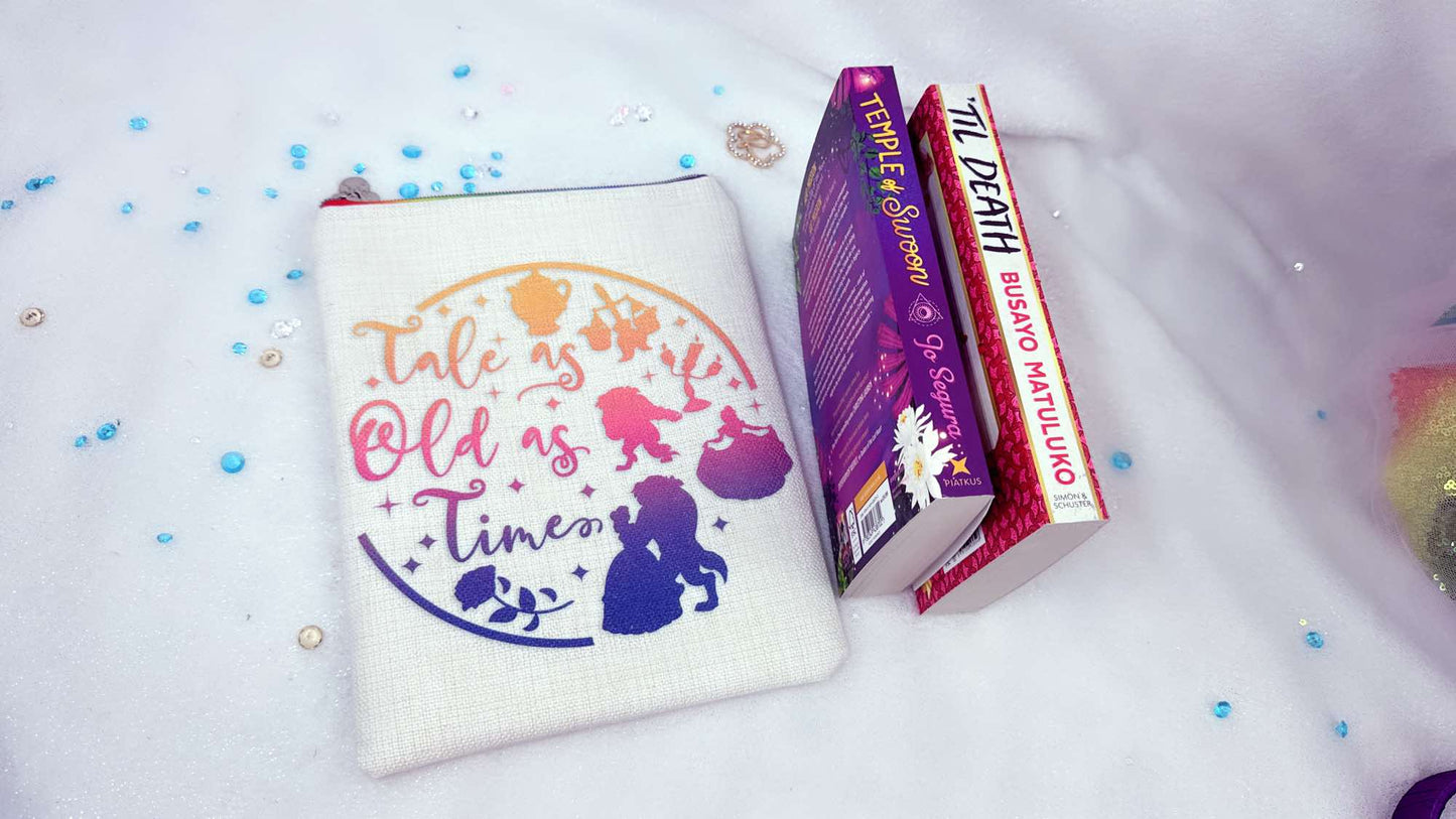 Personalised book sleeve handmade by Roxana Roveno with a special design inspired by classic stories Beauty and the Beast back side with quote 'tale as old as time' perfect size for books like 'Temple of Swoon' and 'til death'