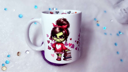 personalised mug by Roxana Roveno With a green girl holding a stack of books best gift for her best gift for Valentines Day