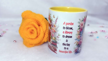 Personalised Mug by Roxana Roveno with Spring flowers Perfect gift for Mother's Day Woman's Day Book lover with a quote 'a garden to bloom. a library to dream is the key to a beautiful life'