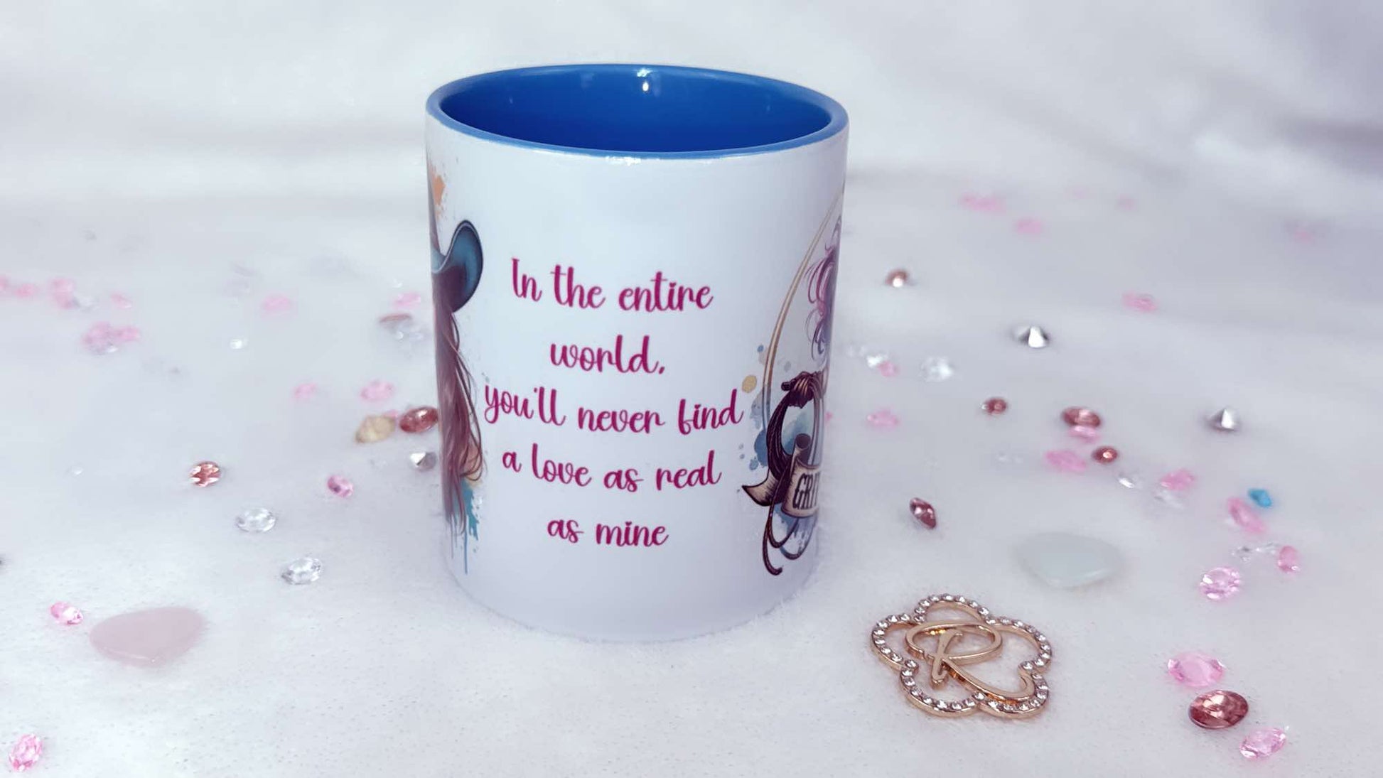 Personalised mug by Roxana roveno with a Elegant Cowgirl with turquoise Jewelry designed by Roxana Roveno perfect gift for Woman's day and Mother's day and Quote 'in the entire world, you'll never find a love as real as mine'[