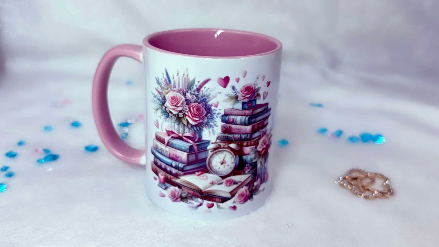 Personalised mugs by Roxana Roveno with stack of classic books and flowers perfect gift for a book lover and a coffee lover tea lover perfect gift for her 