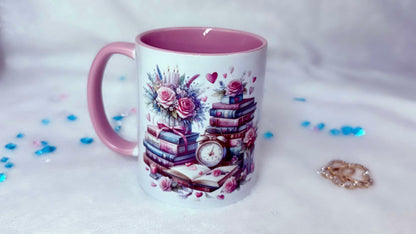 Personalised mugs by Roxana Roveno with stack of classic books and flowers perfect gift for a book lover and a coffee lover tea lover perfect gift for her 