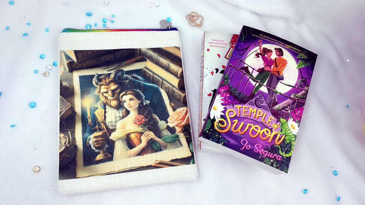 Personalised book sleeve handmade by Roxana Roveno with a special design inspired by classic stories Beauty and the Beast vintage between books front side perfect size for books like 'Temple of Swoon'