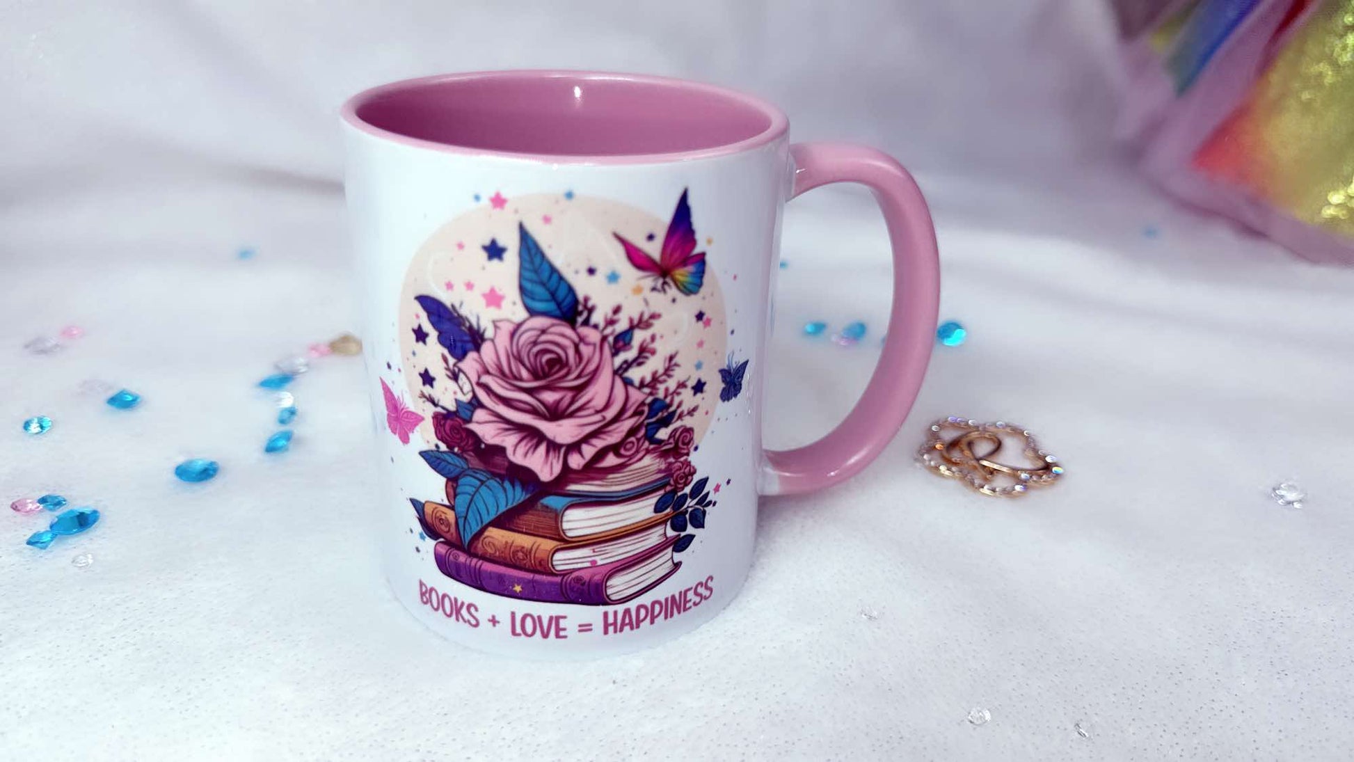 Personalised mugs by Roxana Roveno with stack of books and quote 'books love happiness' perfect gift for a book lover and a coffee lover tea lover perfect gift for her 