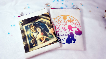 Personalised book sleeve handmade by Roxana Roveno with a special design inspired by classic stories Beauty and the Beast front side and back side with quote 'tale as old as time' perfect size for books like 'Temple of Swoon' and 'til death'