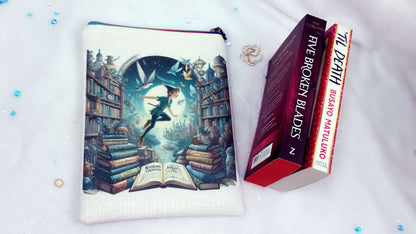 Personalised book sleeve handmade by Roxana Roveno with a special design inspired by classic stories Peter Pan flying between books front side, perfect fit for 'five broken blades' and 'til death' books