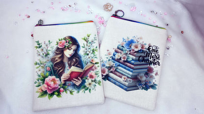 Personalised book sleeve by Roxana Roveno special designed with spring flowers and  a girl Reading and a stack of Books with Flowers perfect gift for Woman's Day and Mother's Day