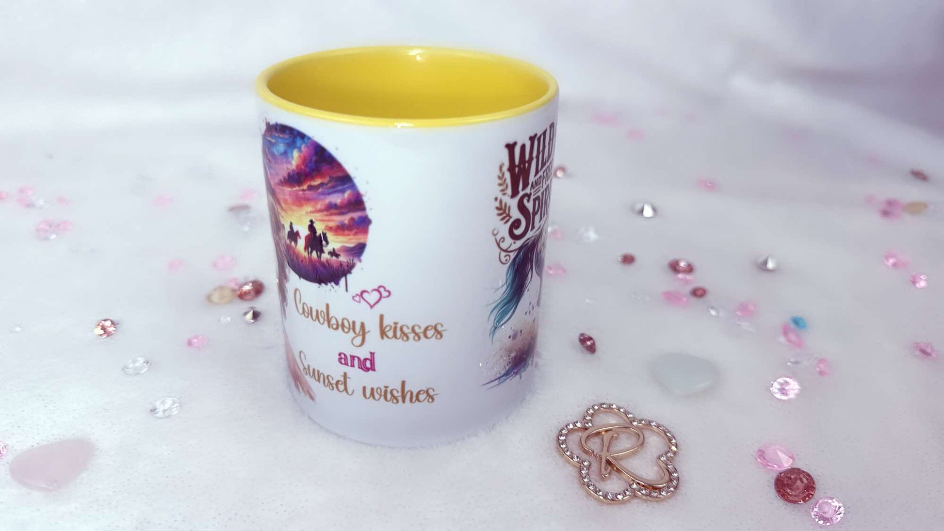 Personalised mug by Roxana Roveno with a quote 'Fueled by cowboy kisses and sunset wishes' and cowboy lovers perfect gift for western lovers 