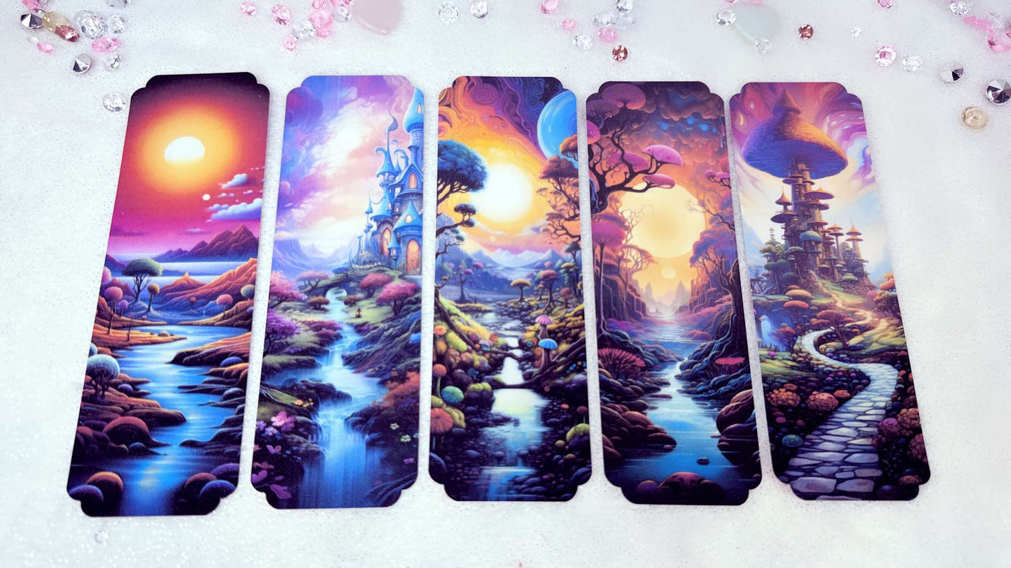 Fantastic Magic Landscape, five laminated paper Bookmarks, printed by Roxana Roveno, perfect gift for a book lover