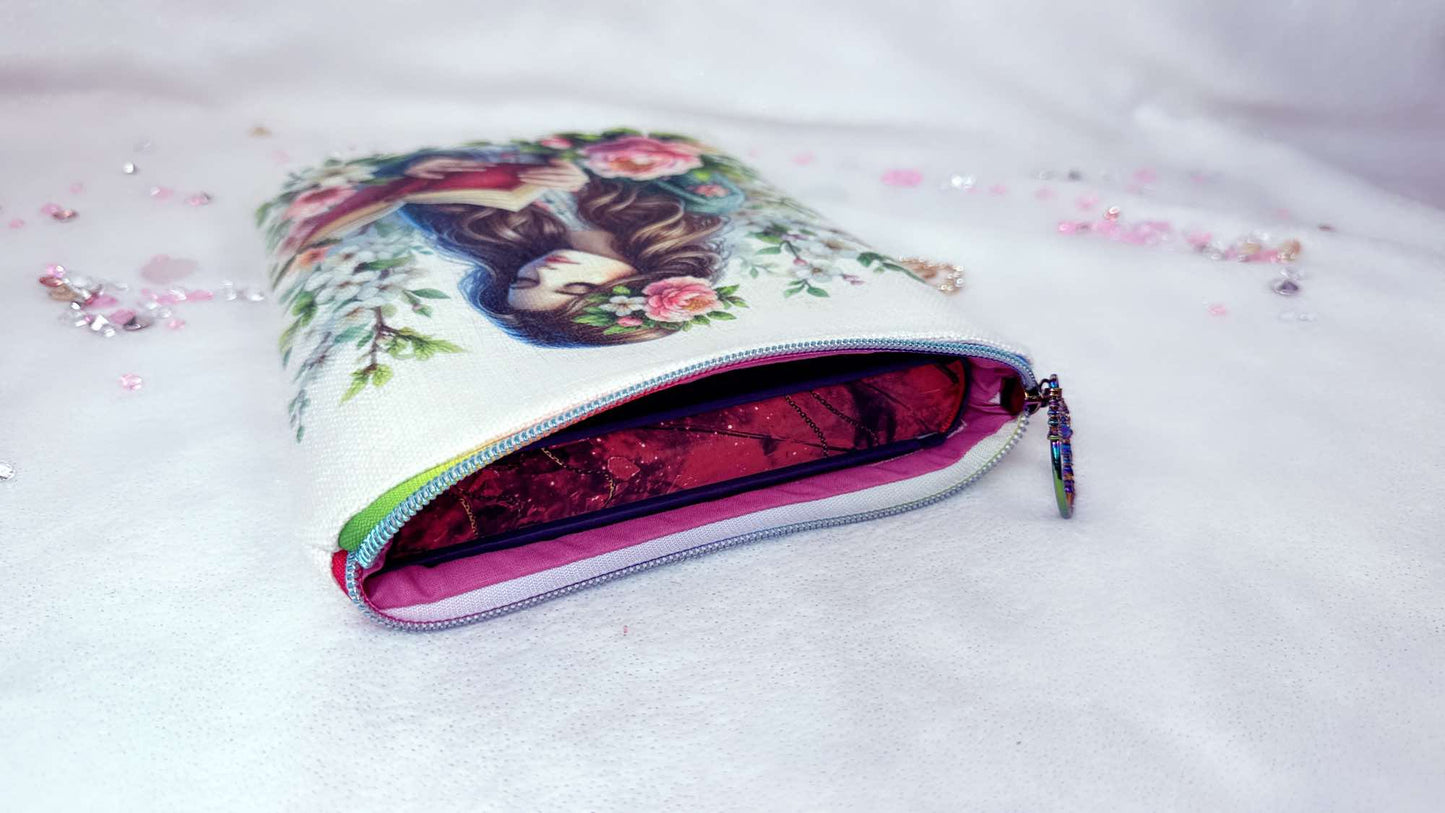 ersonalised book sleeve by Roxana Roveno special designed with spring flowers and  a girl Reading and a stack of Books with Flowers perfect gift for Woman's Day and Mother's Day perfect fit for book